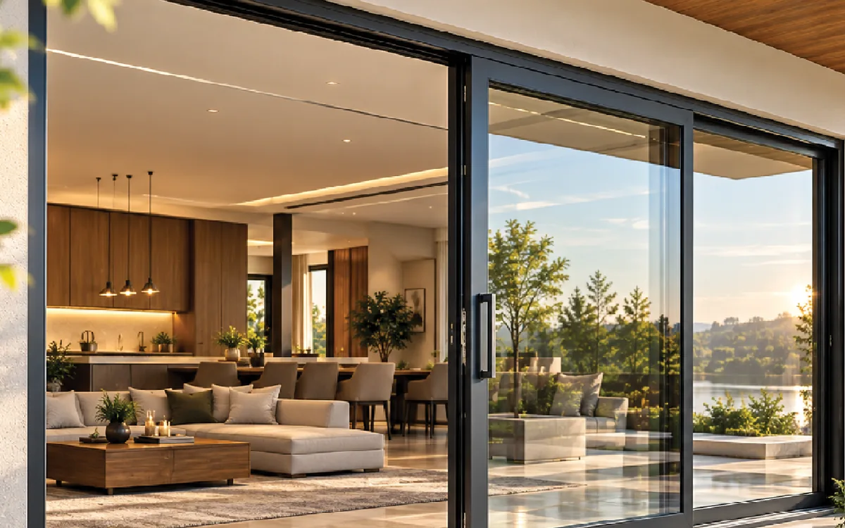 Omega Nestcraft uPVC lift and slide doors opening a living room to the terrace